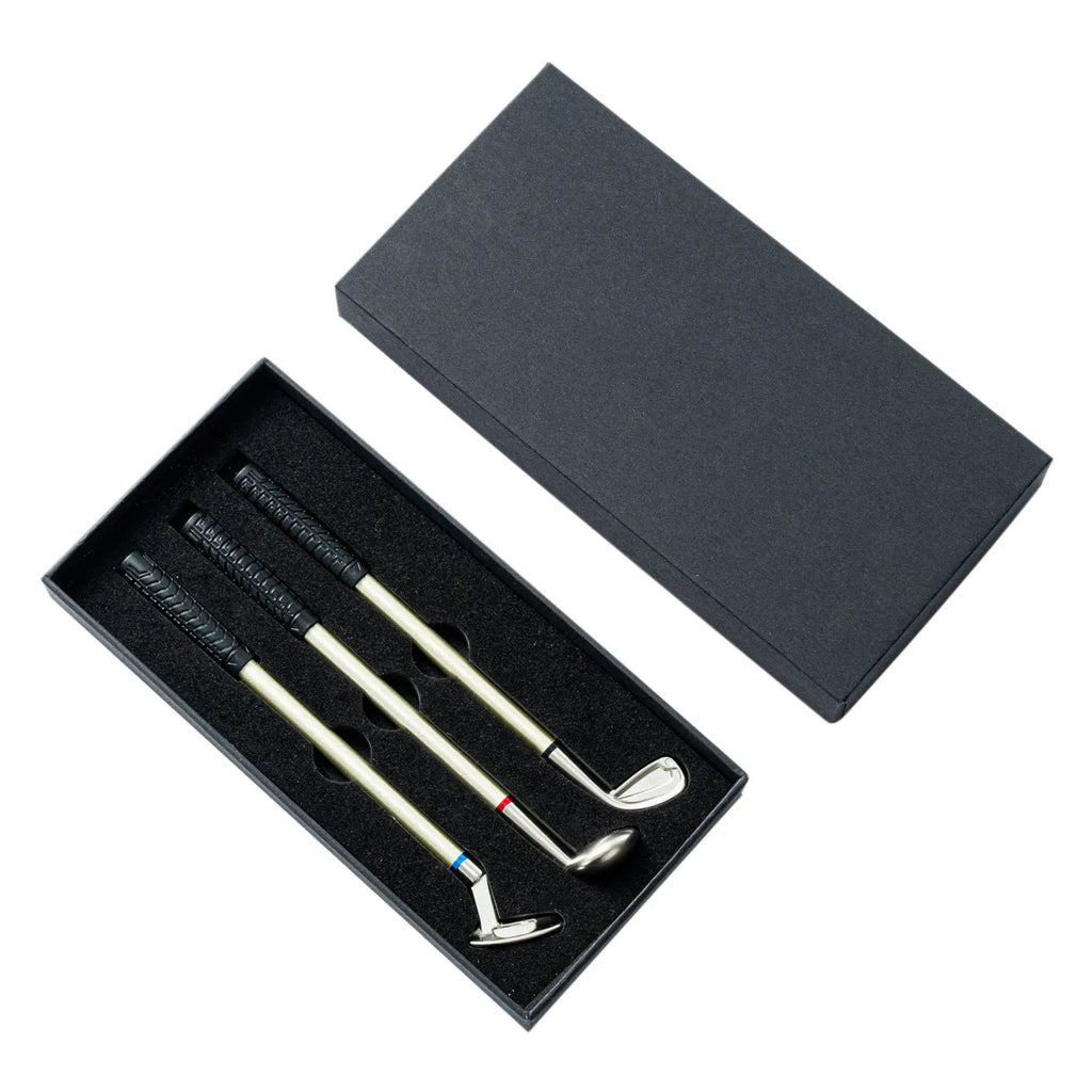 Three metal ballpoint pens with suit design in golf packaging, showing bullet-type 0.7mm pen heads