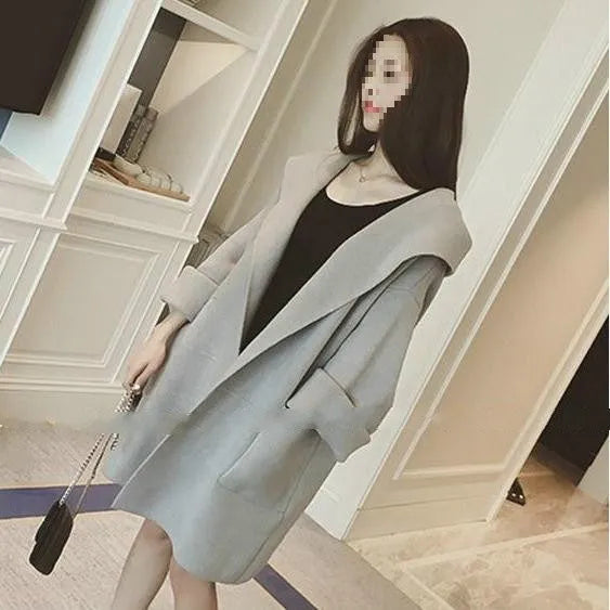 Plus size women's loose fit thin coat with lace trim in black, grey, or pink.