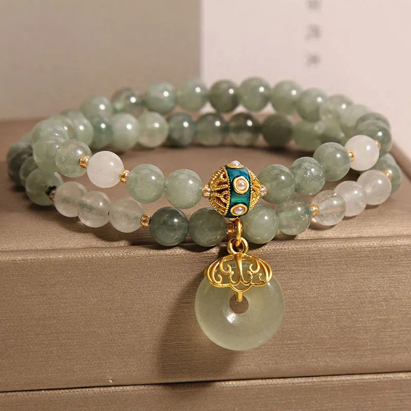 Women's oil green double-layer jade bracelet with safety buckle and crystal rhinestone details
