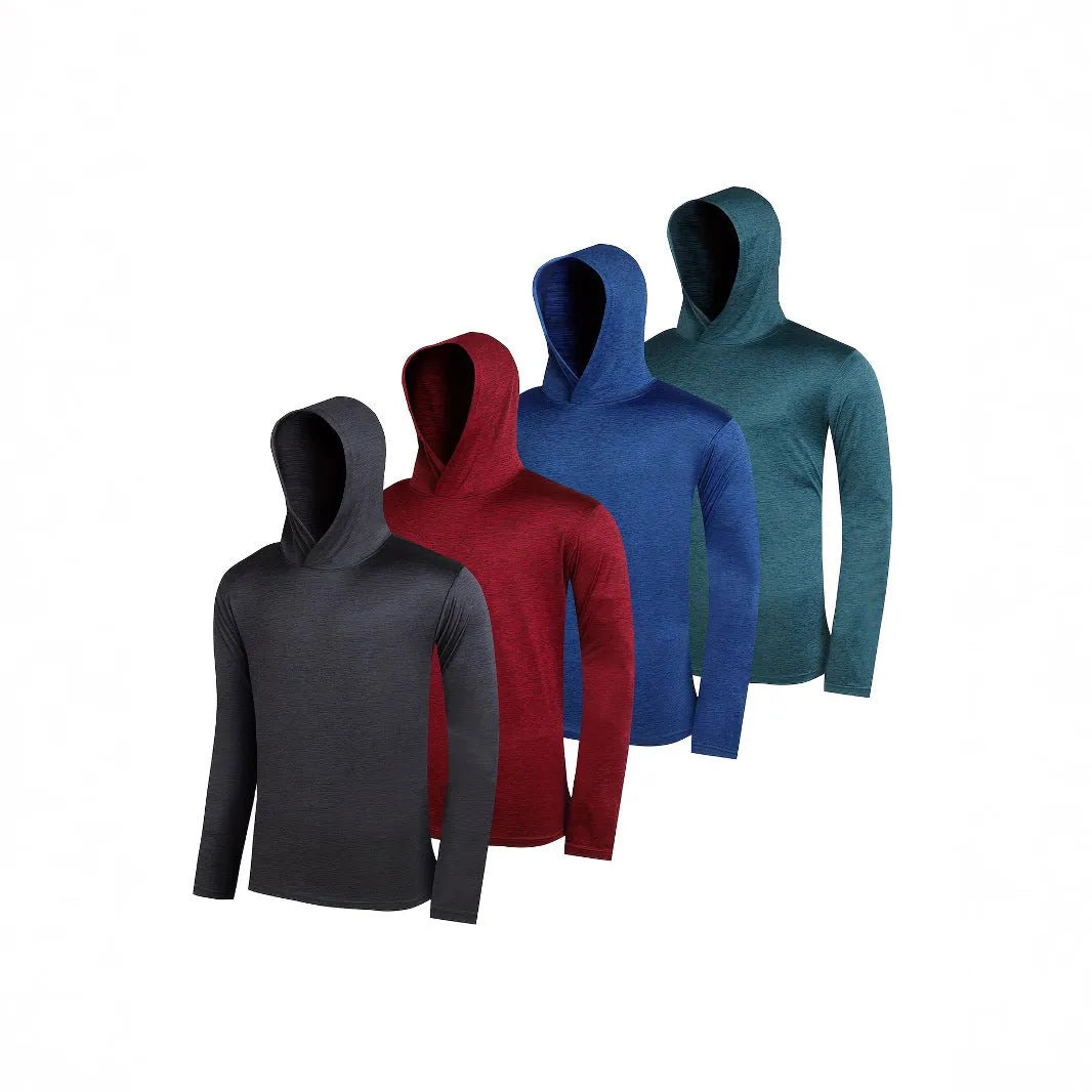 Men's lightweight polyester hoodie four-piece set in multiple colours showing hooded and non-hooded styles.