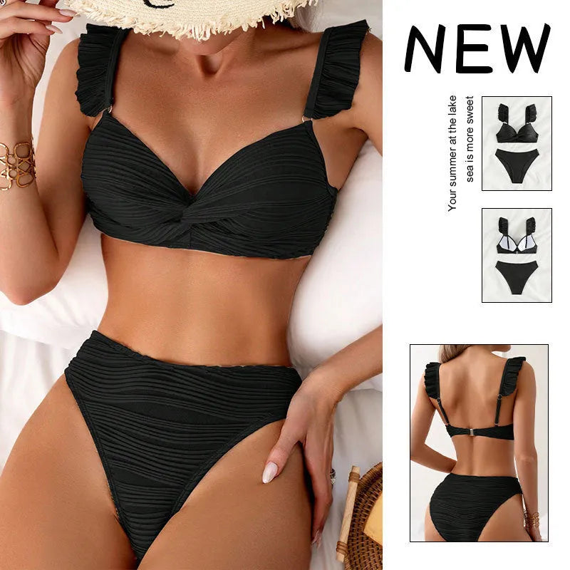 Women's solid colour bikini swimsuit in black laid flat, showing top and bottom pieces.