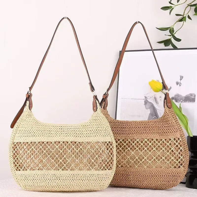 Women's straw cross body bag with soft construction and sandwich pocket in khaki colour