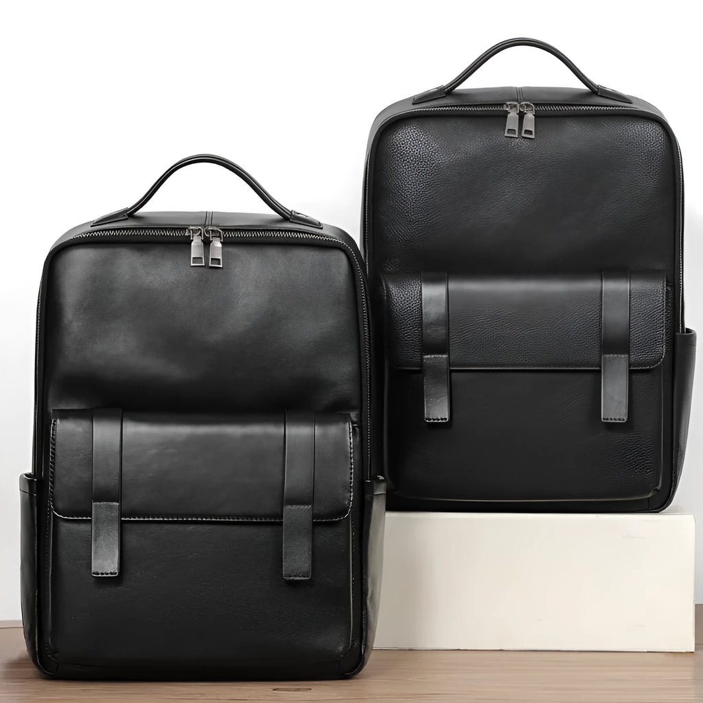Men's large black leather computer backpack with 36-55L capacity for business and travel
