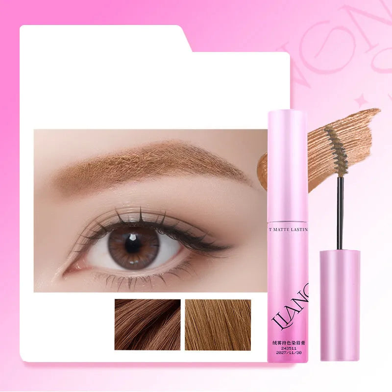 Eyebrow cream in container showing four matte shade options including milk coffee coconut palm