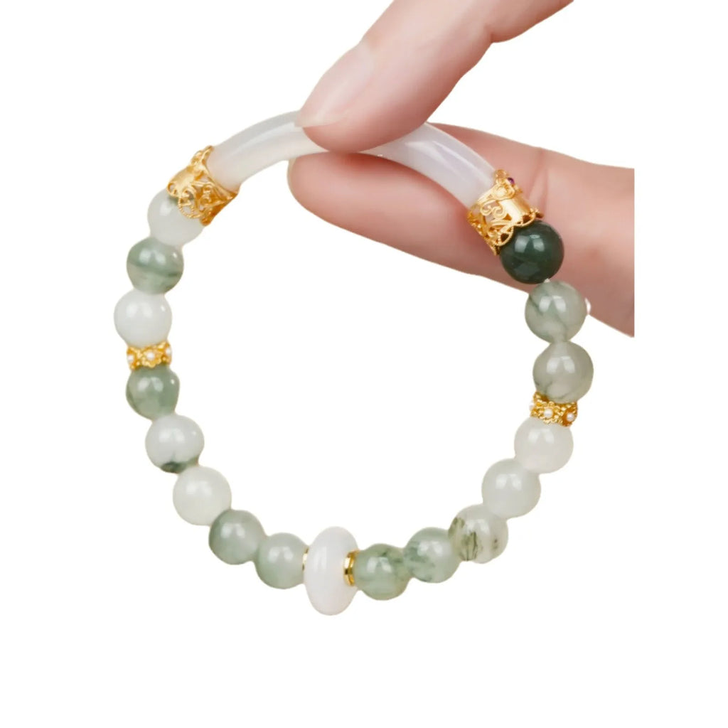 Emerald green Tian Shan Cui jade women's half bracelet with floating flower girl design and round beads