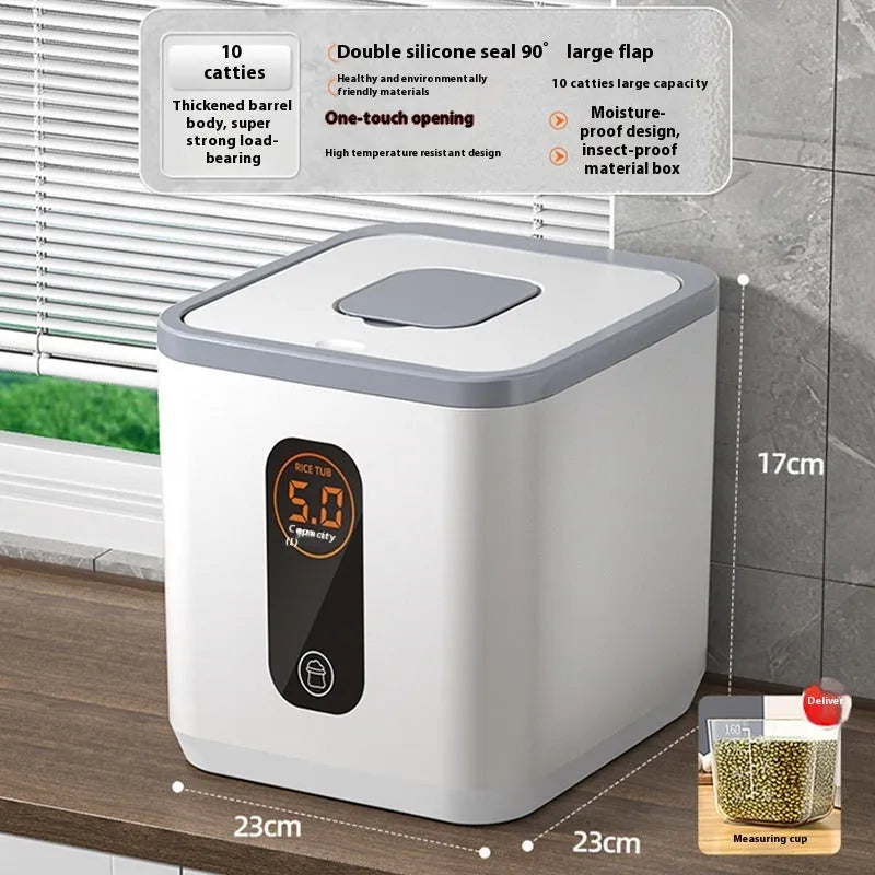 Grey plastic insect-proof sealed rice storage jar with lid and measuring cup in 10kg, 20kg, or 30kg sizes.