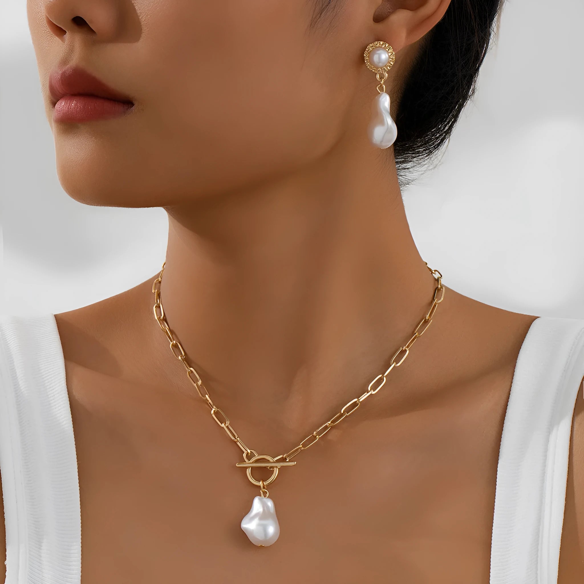 Retro baroque pearl necklace and ear stud set in gold-tone iron jewellery for women