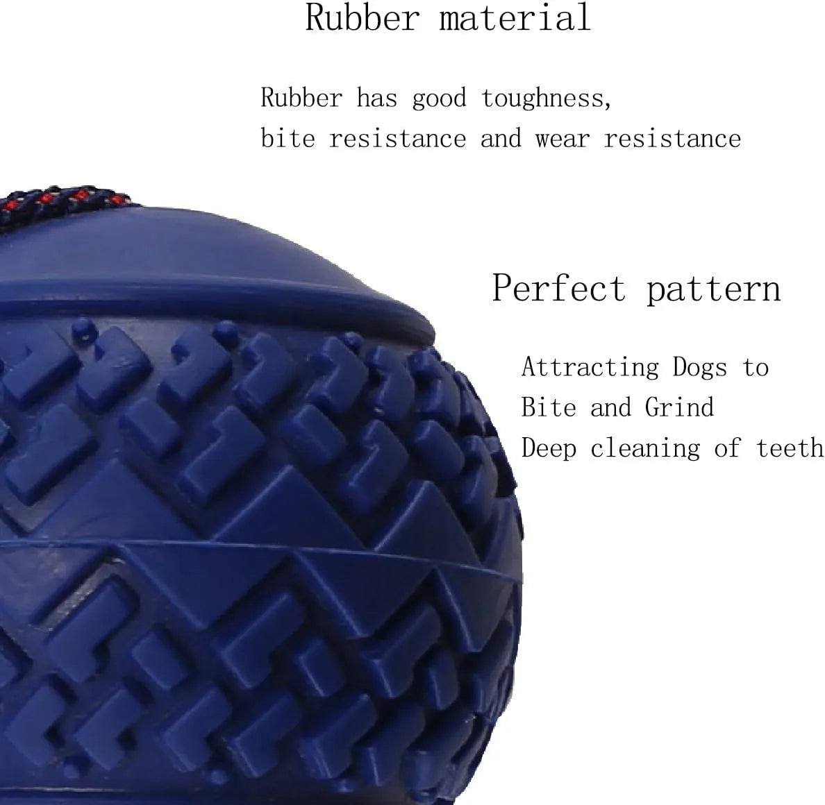 Blue dog toy with a textured rubber ball attached to a rope for tug-of-war and chewing