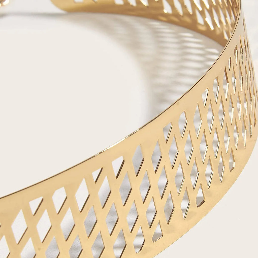 Golden iron waist belt with lantern head and net flower design, shown with hook fastening.