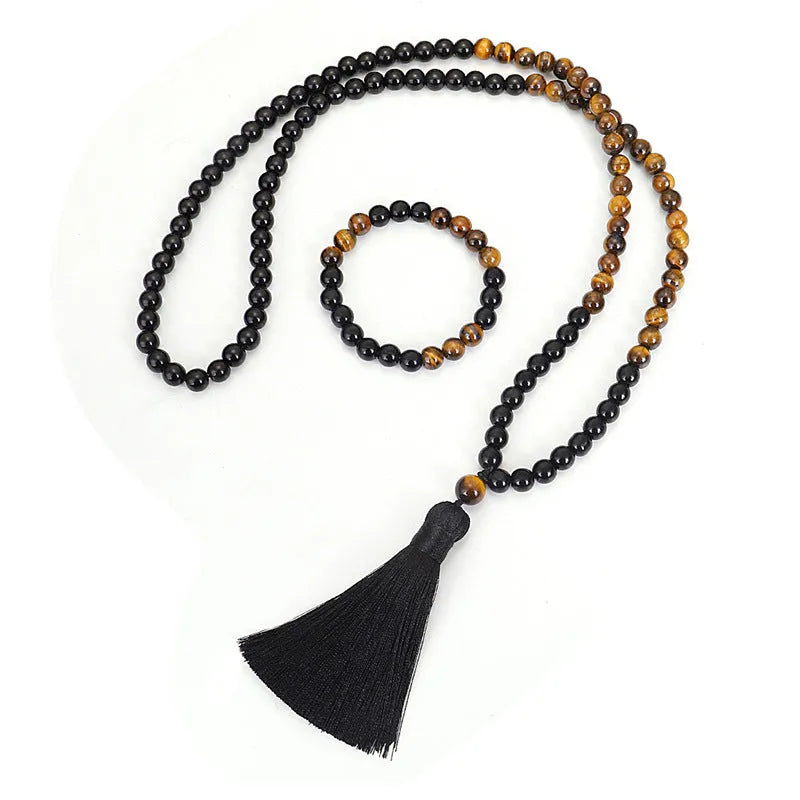 Tiger eye stone tassel necklace bracelet with 81cm adjustable ball bead chain