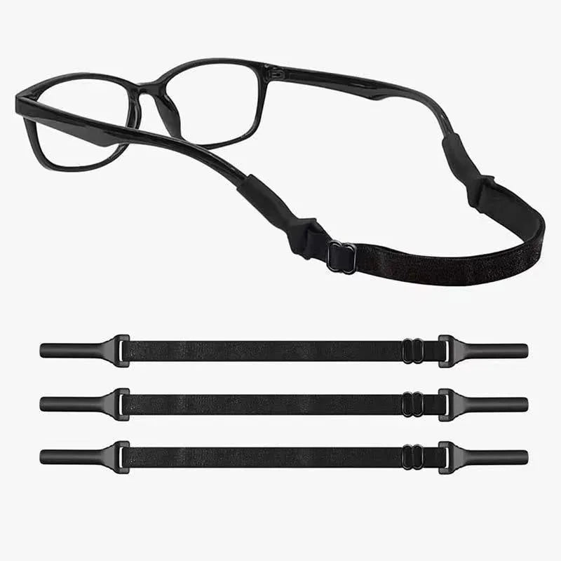 Black adjustable glasses cord with silicone earpiece ends shown on spectacles