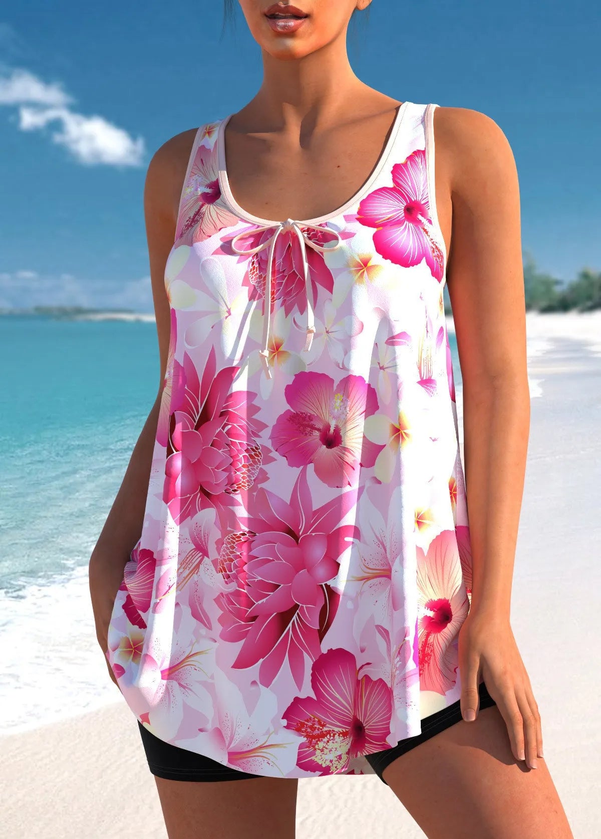 Plus size pink printed tankini swimsuit with backless top and high waist briefs