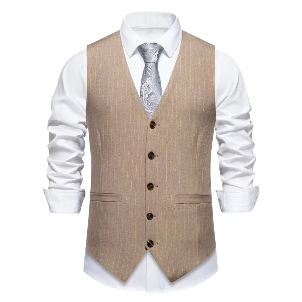 Man modelling a striped suit vest with a mitre bottom hem, shown in a choice of red, black, or khaki colours.