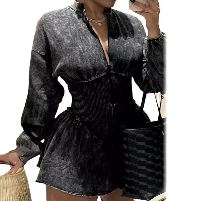 Grey digital print A-line dress with drawstring waist and long sleeves on a hanger