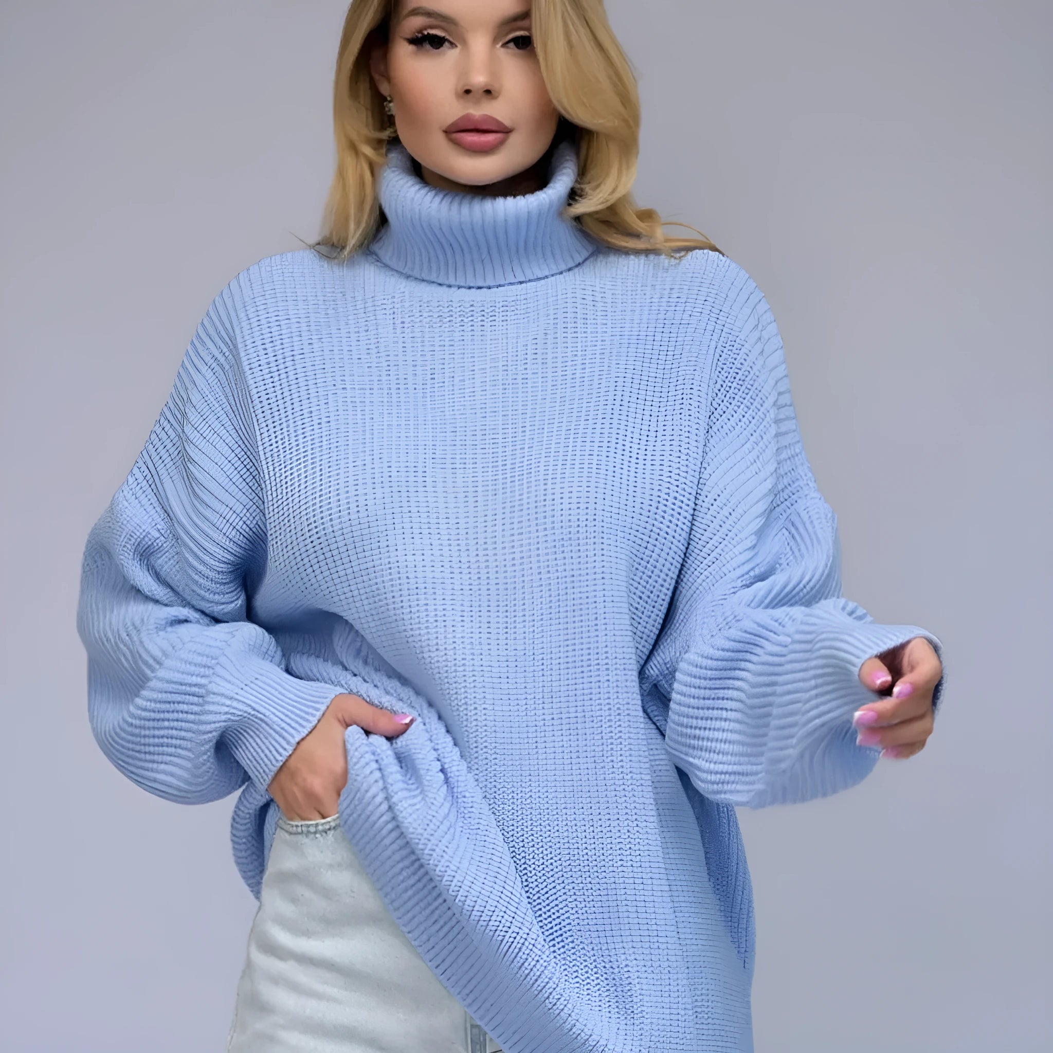 Women's thick imitation cashmere pullover sweater in loose fit with high neck and 3D pattern texture