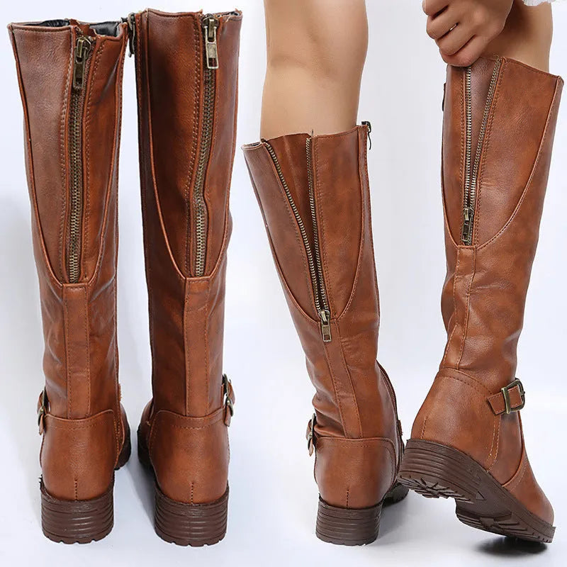 Women's black knight boots with square heel and buckle detail on artificial PU upper