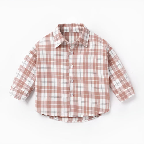 Boy's cotton lattice pattern shirt with long sleeves in khaki colour