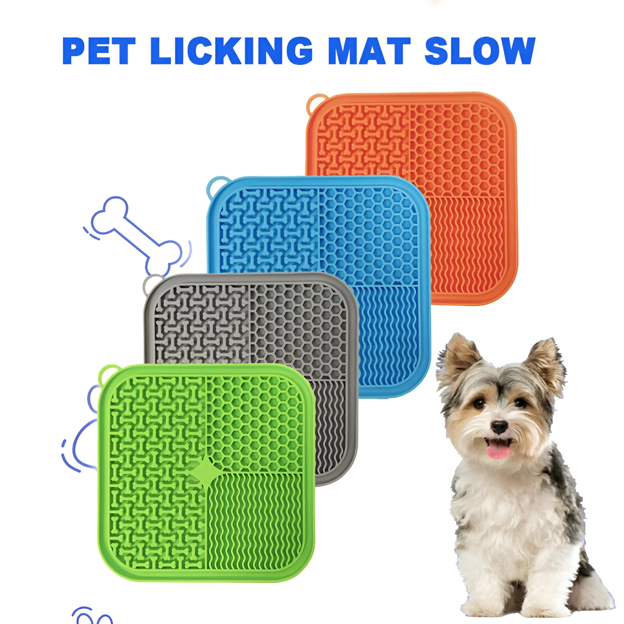 Blue silicone dog licking mat with textured surface and suction cups on back for slow feeding and anxiety relief