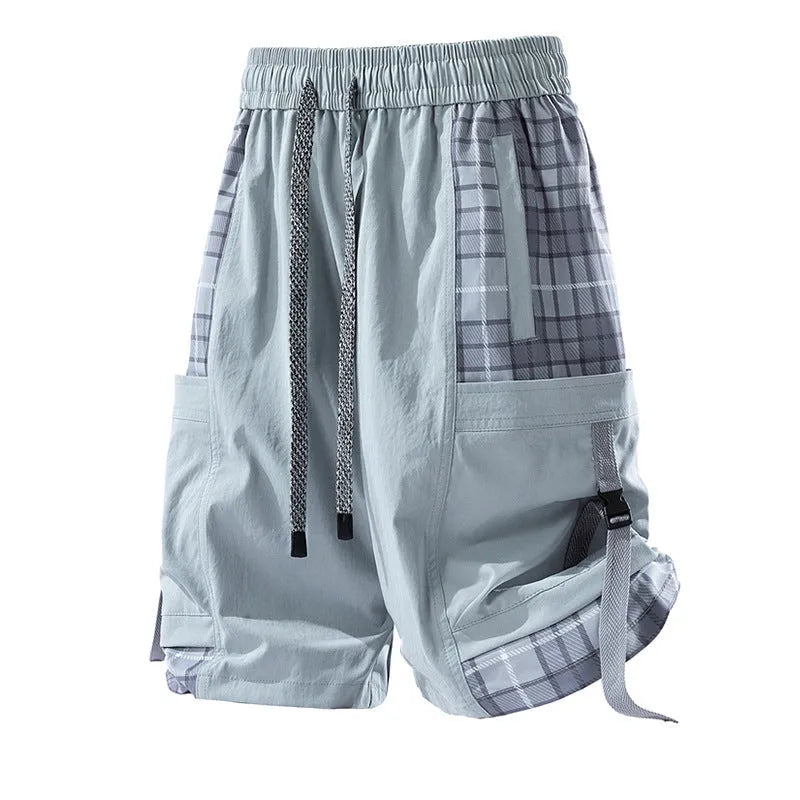 Men's loose plaid stitch cargo shorts in black, light grey, or smoky grey colours.