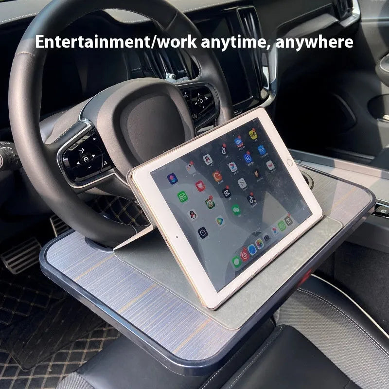Black portable car steering wheel laptop stand and dining tray with foldable cup holder on a 42x28 cm surface