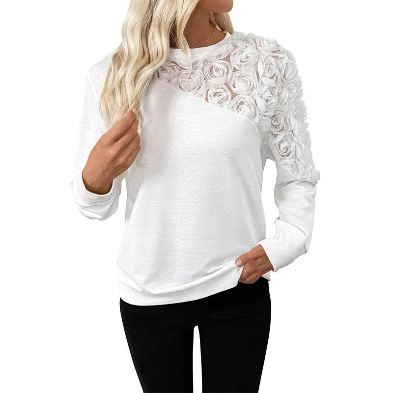 White floral print long sleeve loose fit top for women with regular sleeves