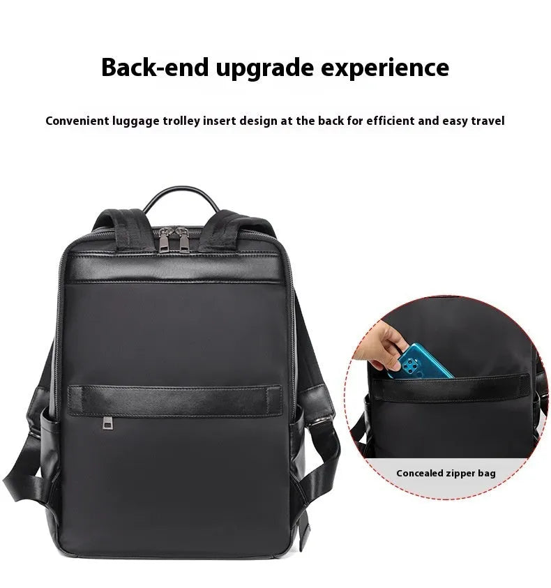 Men's large black leather computer backpack with 36-55L capacity for business and travel