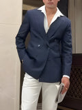 Men's striped double-breasted polyester blazer on a hanger, showing regular fit and length.