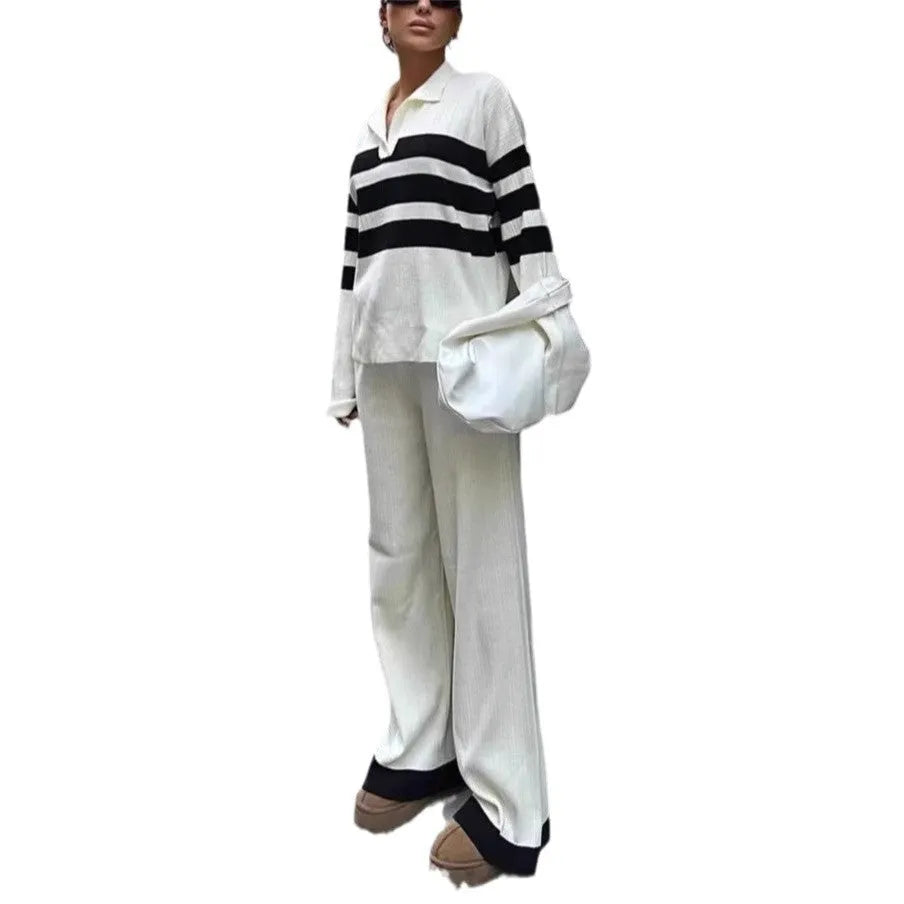 Women's black knitted two-piece set with polo collar and striped contrast colour design