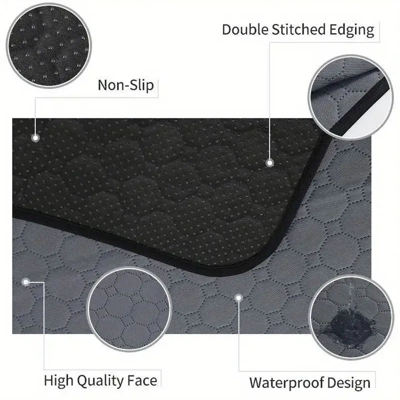 Grey and tan washable dog pee pads showing waterproof backing and size options