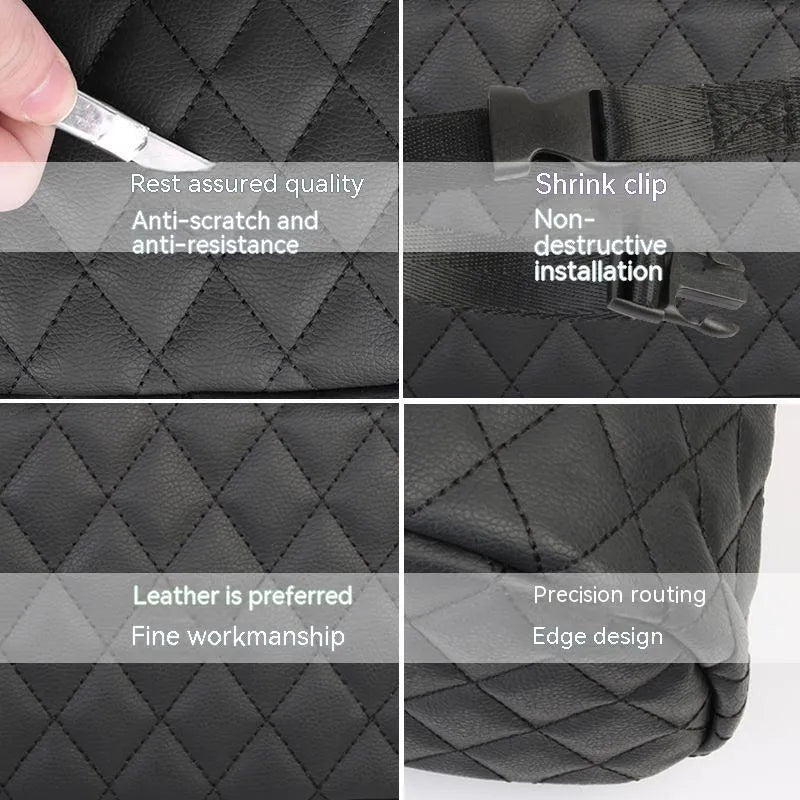 Black leather hanging storage bag for car interior, shown mounted on a headrest.