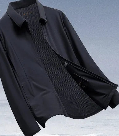 Navy blue summer business shirt with lapels made from ice silk sun protection fabric.