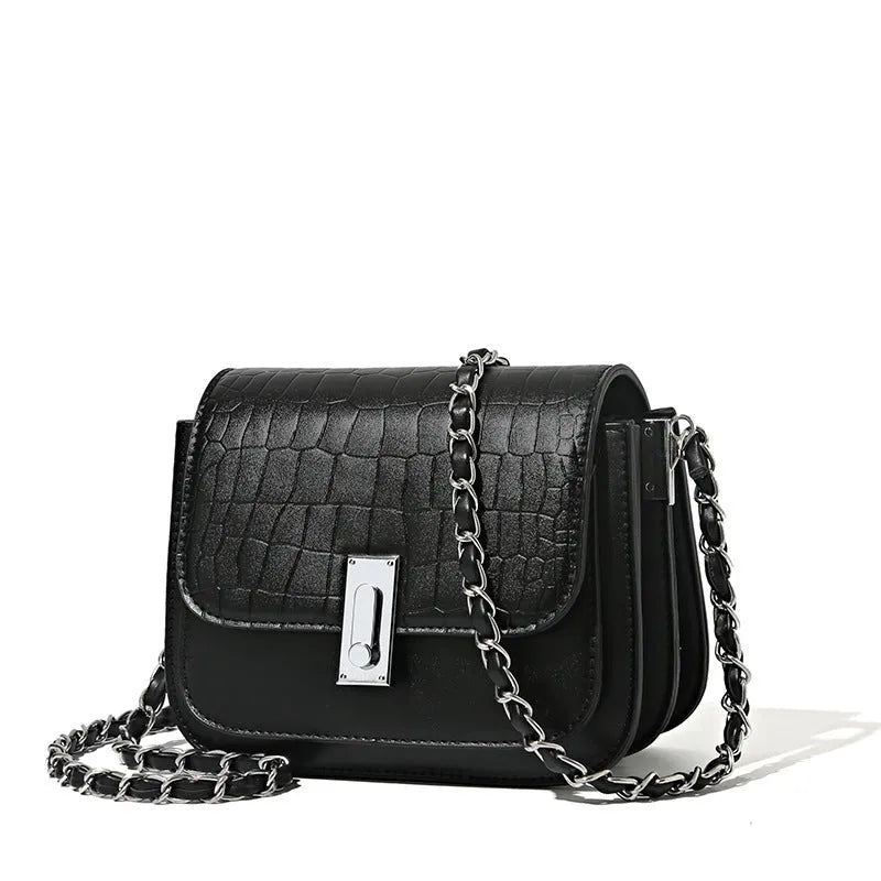Women's soft PU leather chain shoulder bag in horizontal square shape with mobile phone pocket