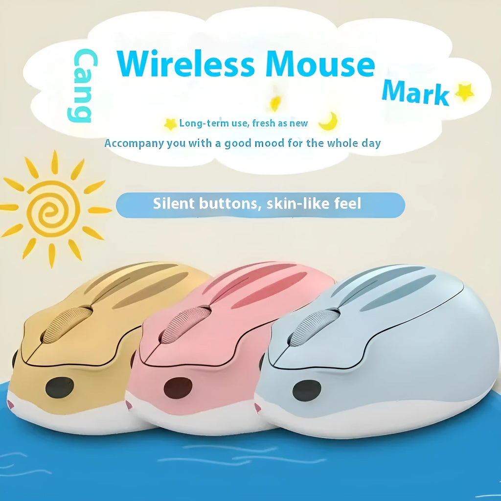 Hamster wireless Bluetooth silent mouse in yellow, pink, or grey colours showing compact design