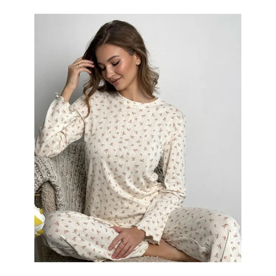 White women's floral print bell sleeve top and wide leg pants loungewear suit set