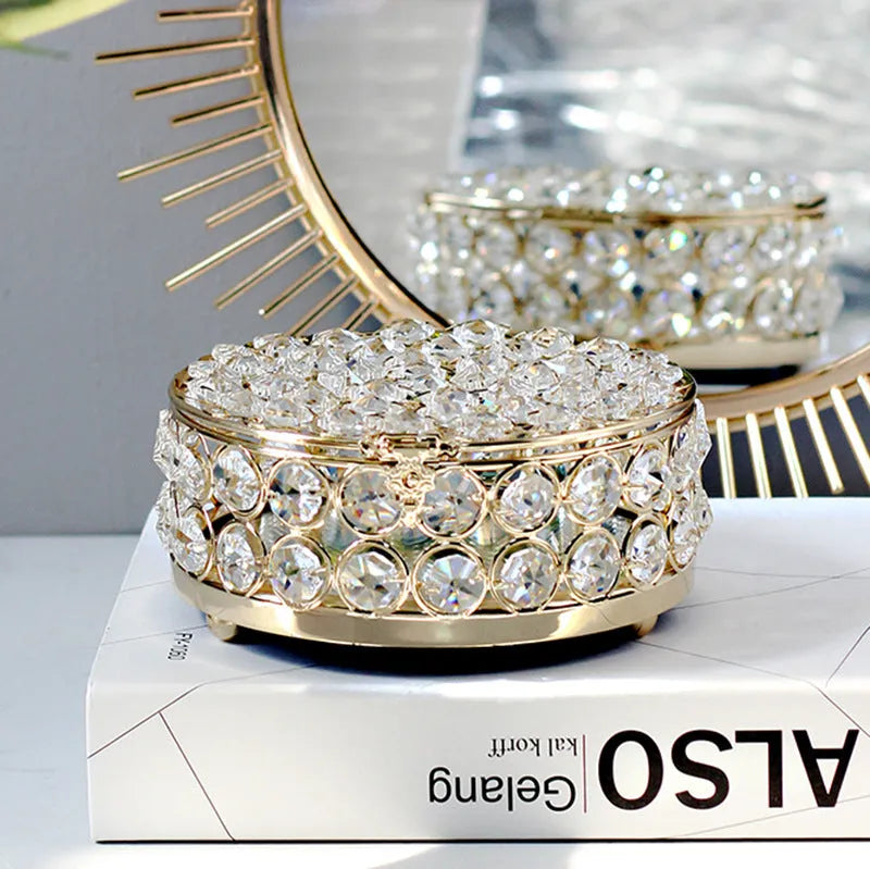 French gold jewelry storage box with crystal glass transparent lid on iron frame