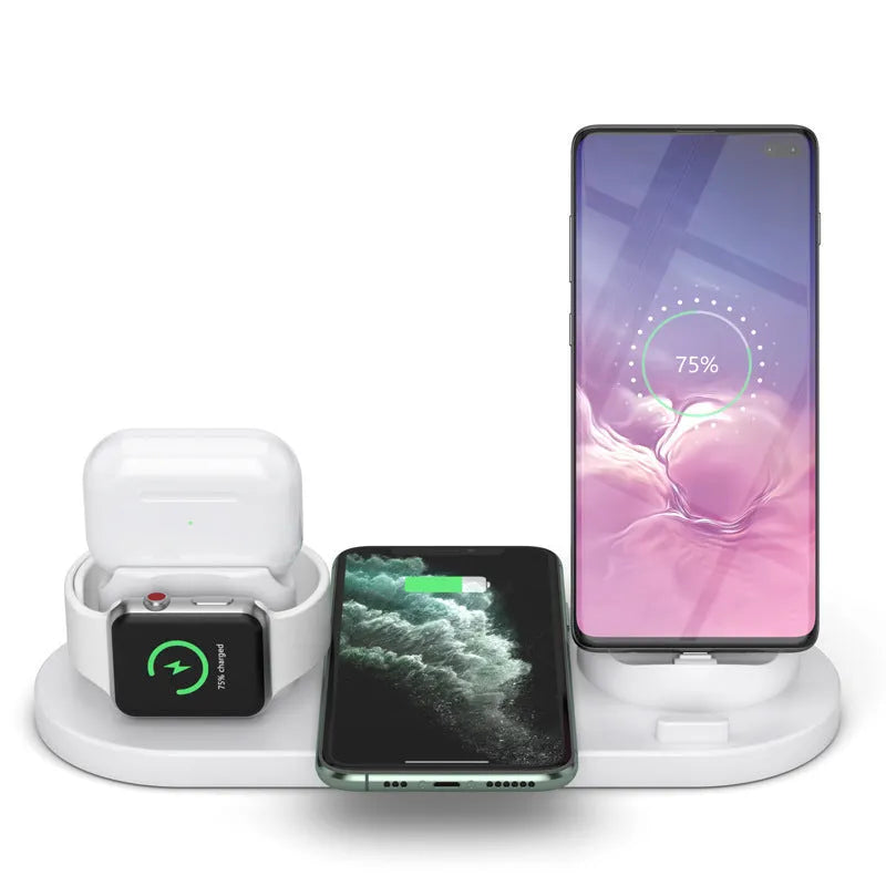 Black and white 6-in-1 wireless charging station with phone holder, AirPods and iWatch charging