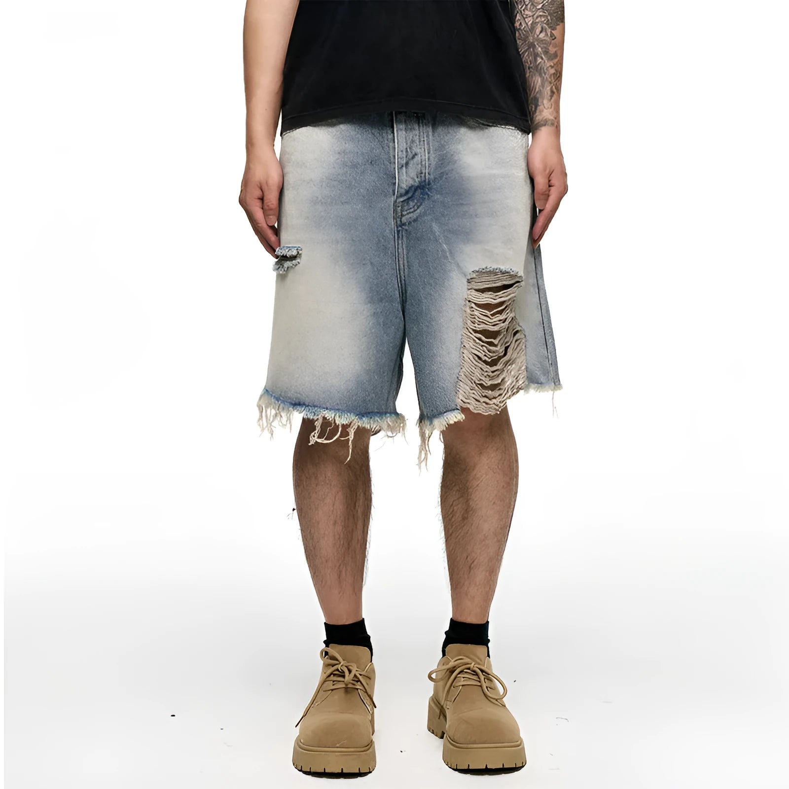 Light blue men's baggy denim shorts with wide leg and zipper fly
