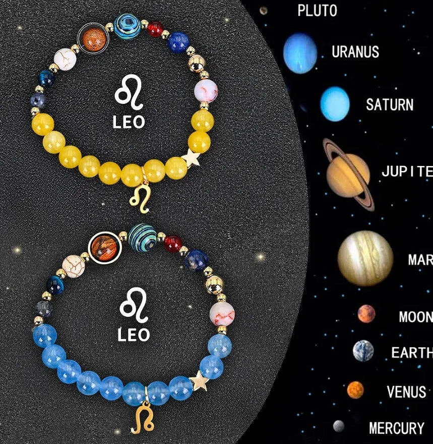 Natural stone beaded zodiac bracelet set showing adjustable elastic cord and twelve astrology sign designs