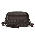 Men's black geometric pattern messenger bag showing shoulder strap and handheld carrying options