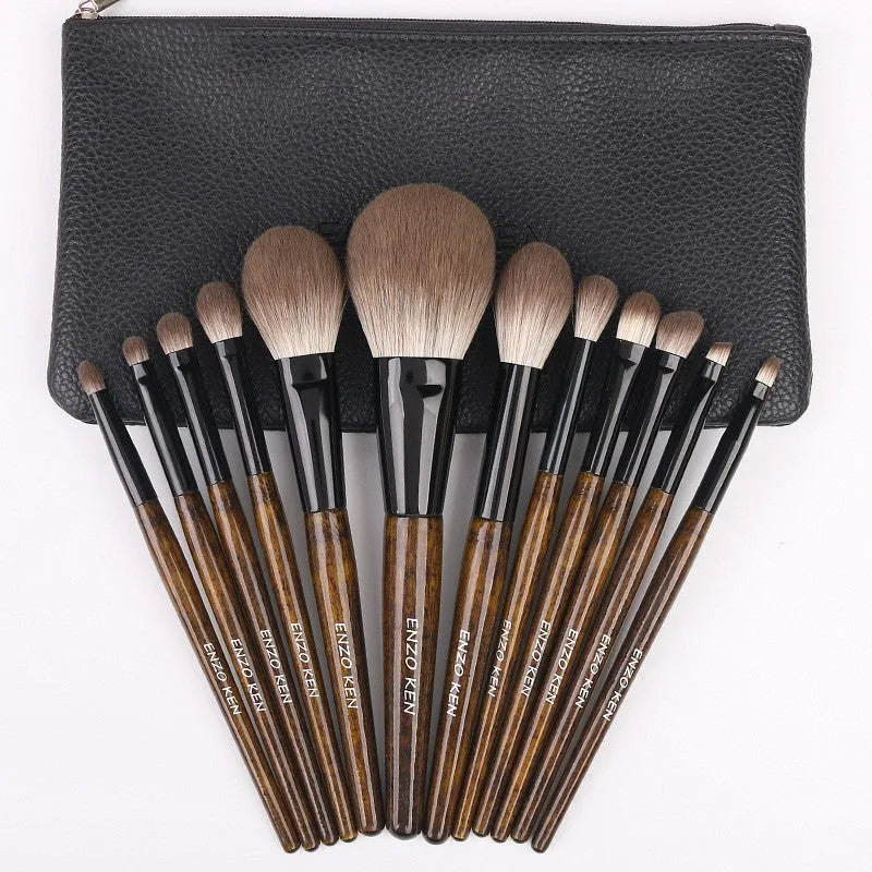 12-piece makeup brush set with wooden handles in PU storage bag
