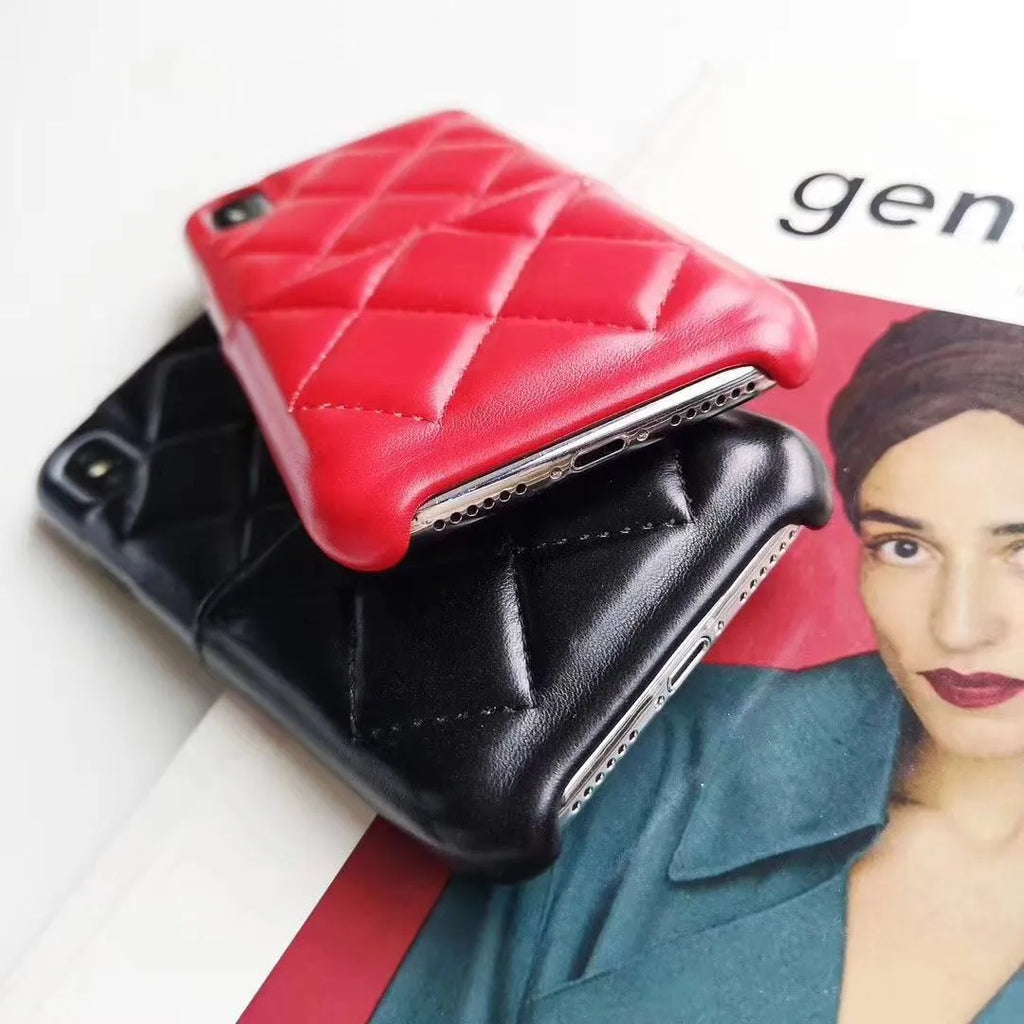 Leather mobile phone case for iPhone XS Max and other models in black, pink, or red.