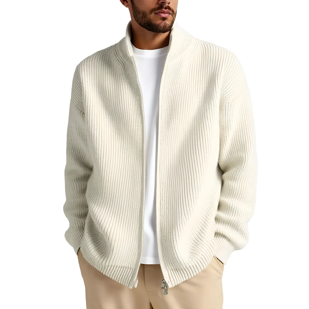 Men's loose grey cardigan sweater coat on a hanger