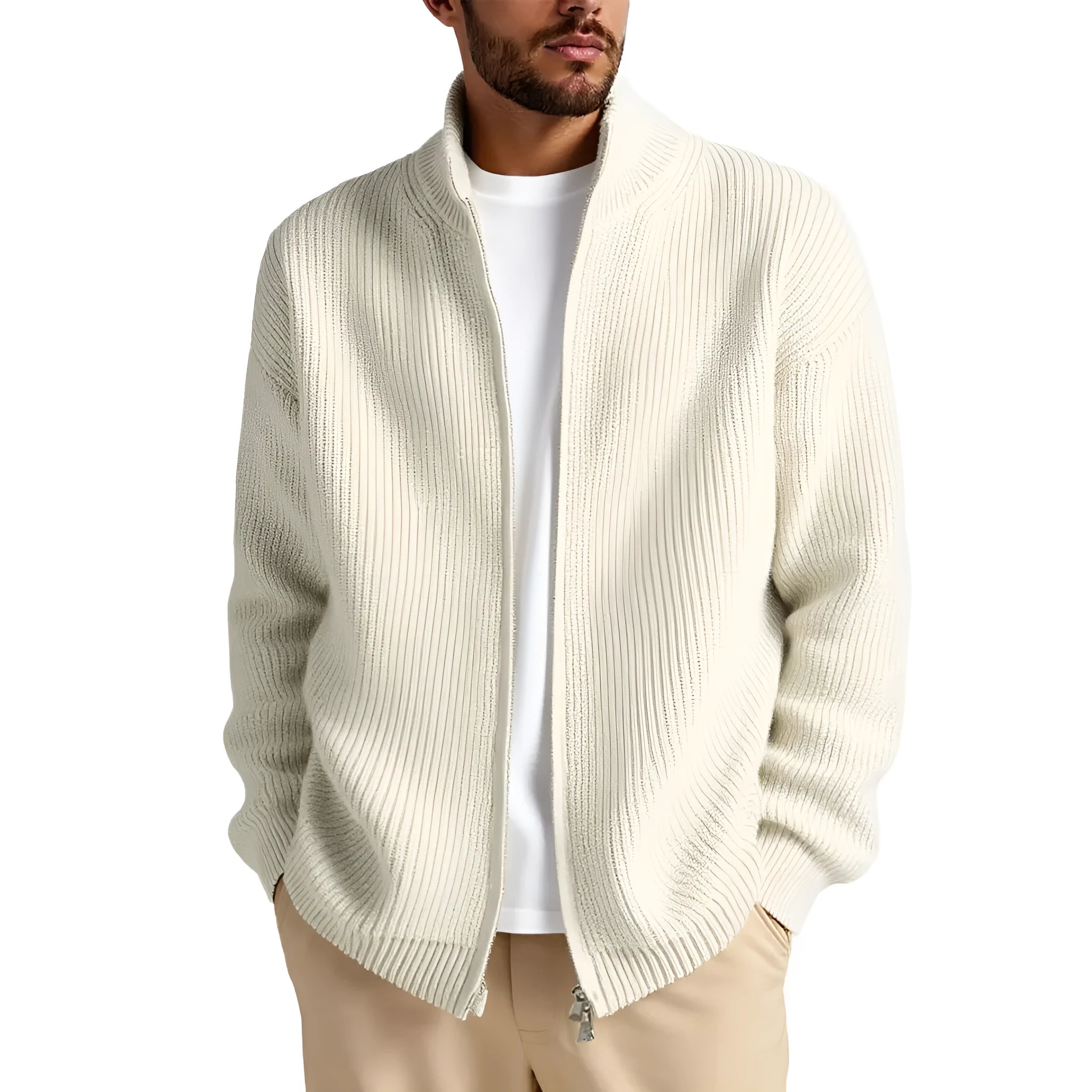 Men's loose grey cardigan sweater coat on a hanger