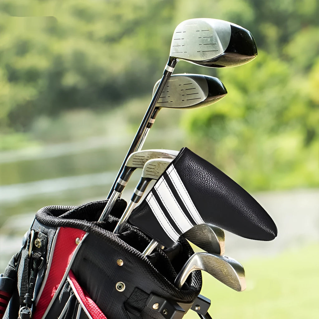 Black PU leather golf putter head cover showing push rod sleeve design