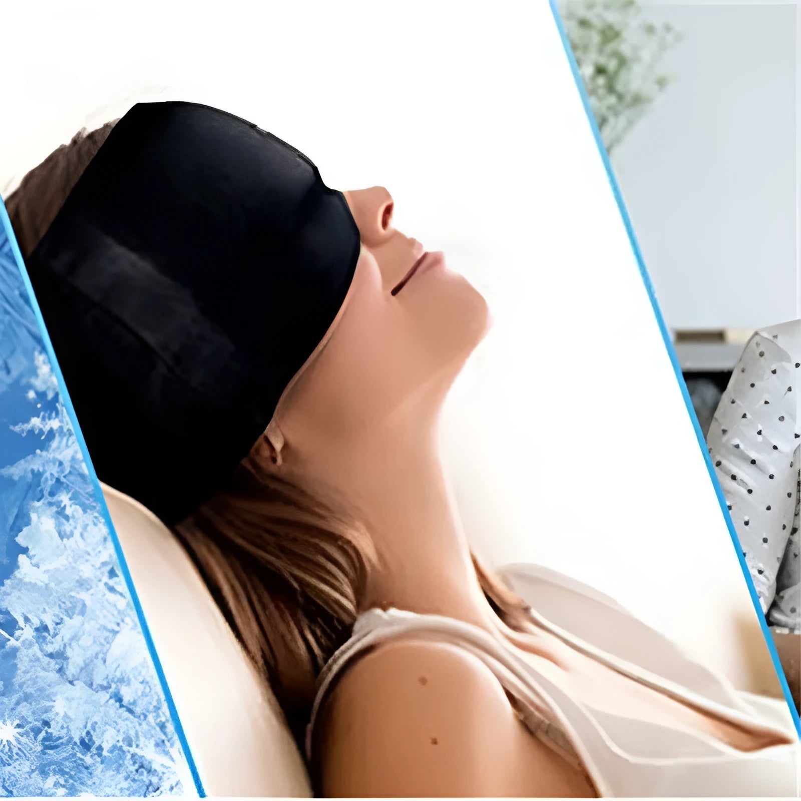 Black elastic cloth gel cooling eye mask for headache relief, shown with adjustable strap.