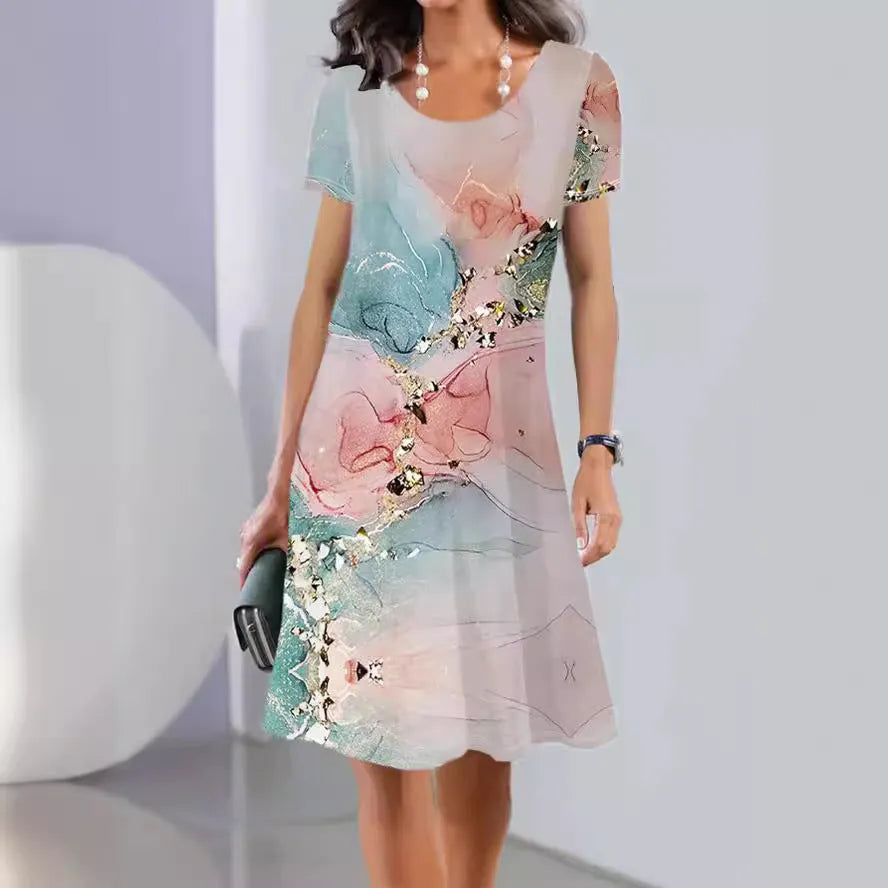 Lightweight ice silk A-line dress with a painted floral pattern, round neck, and short sleeves on a mannequin.