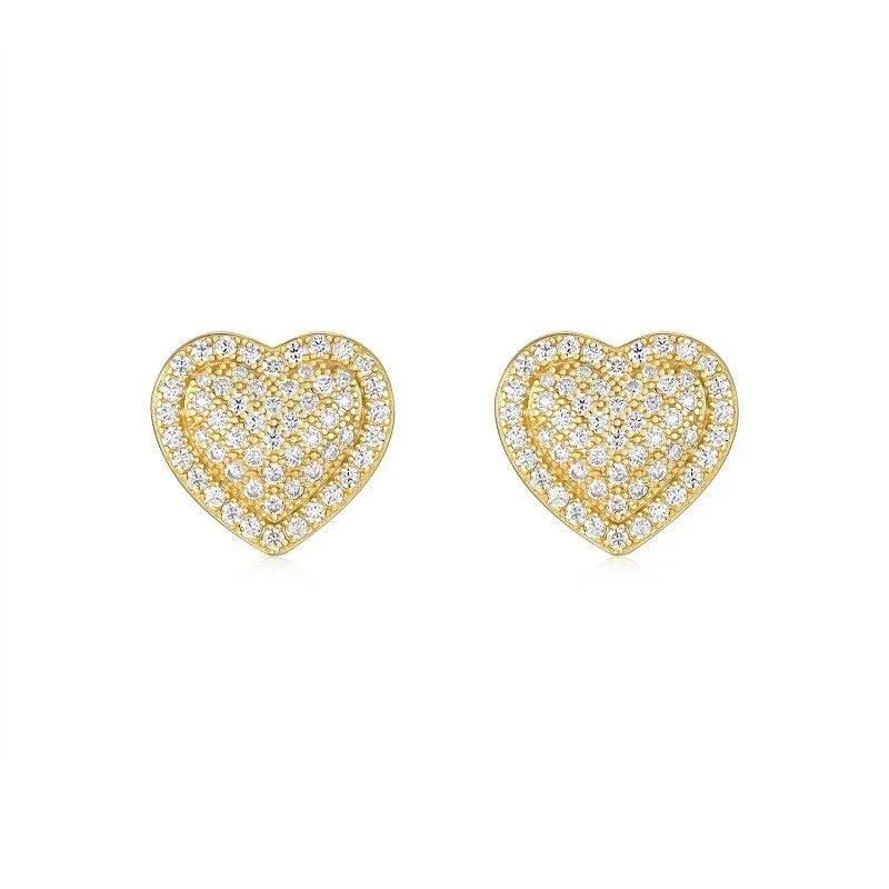 S925 sterling silver heart-shaped stud earrings with gold finish and moissanite stones