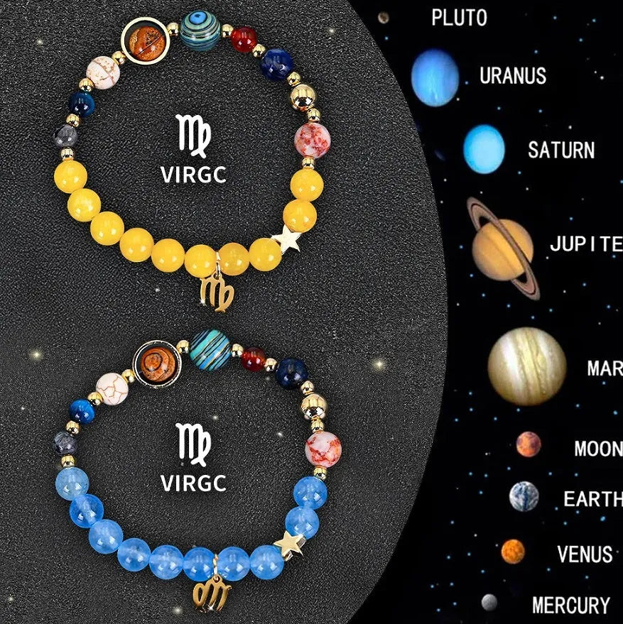 Natural stone beaded zodiac bracelet set showing adjustable elastic cord and twelve astrology sign designs
