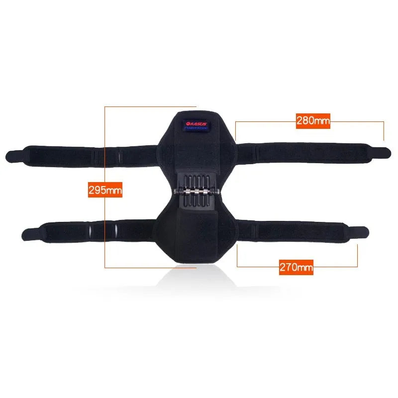 Adjustable knee brace with patella booster spring system in black, blue or green colours