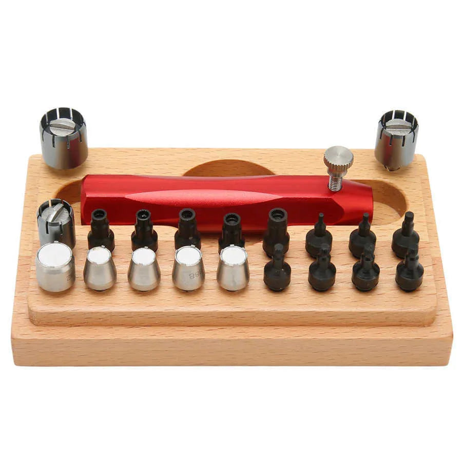 20-piece steel watch repair tool extracting tube open set on a workbench
